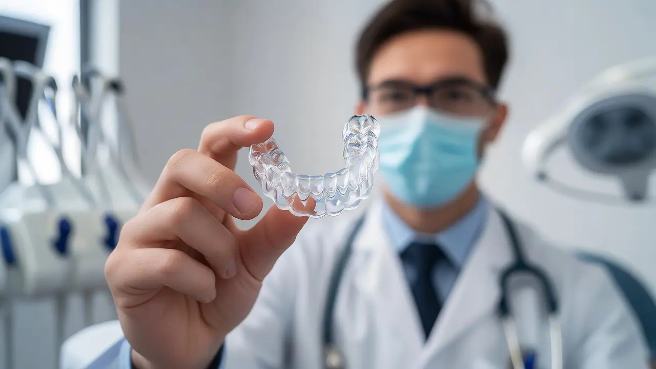 Zubař drží průhlednou noční dlahu proti skřípání zubů