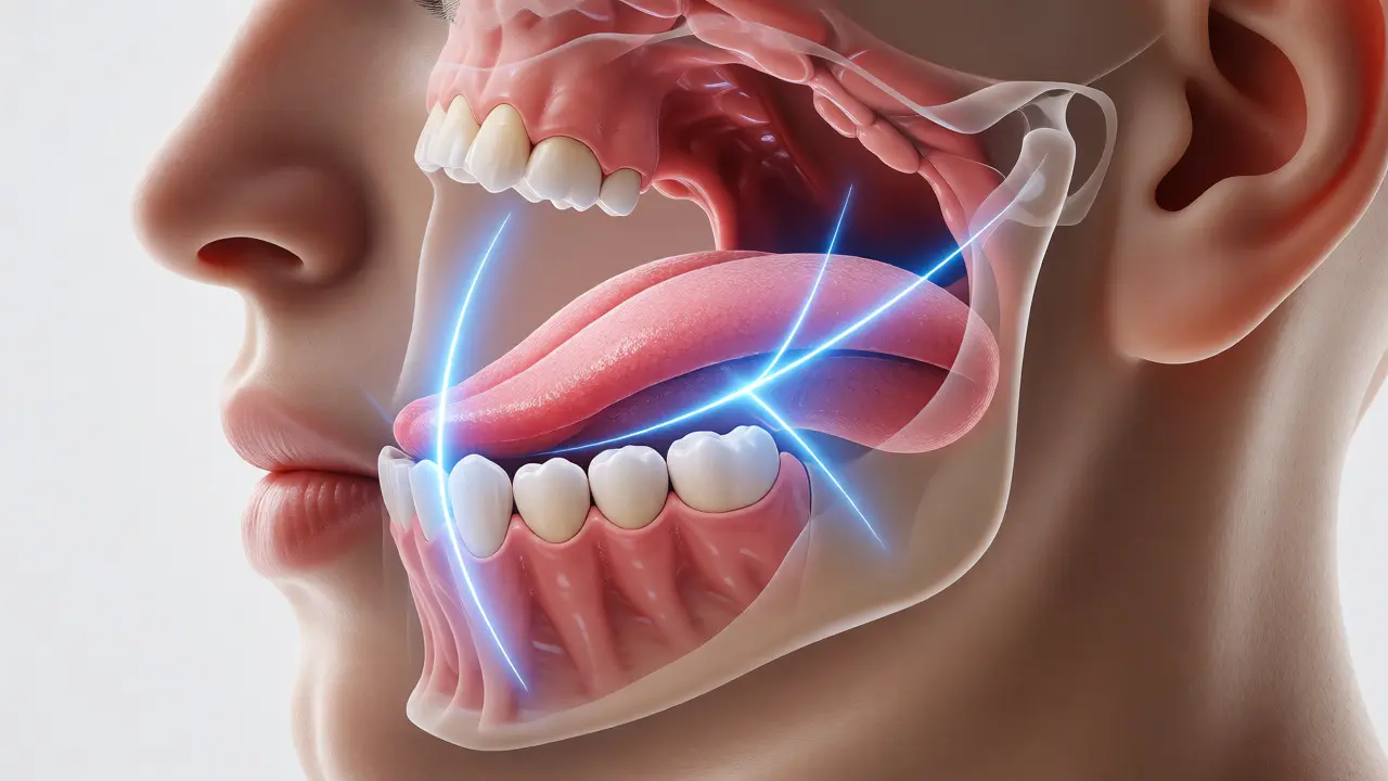 Anatomický řez hlavou s vyznačeným postavením jazyka na patru