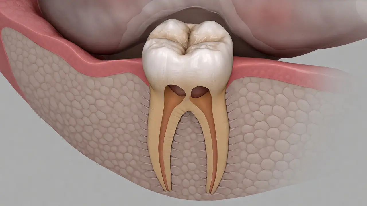Anatomický řez zubem 14 s dvěma kořeny a blízkostí dutiny.