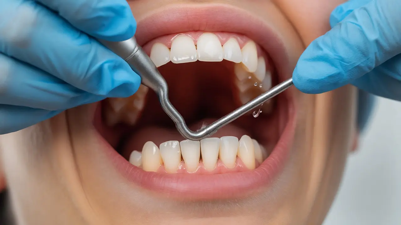 Dentální hygienistka odstraňuje zubní kámen ultrazvukovým přístrojem