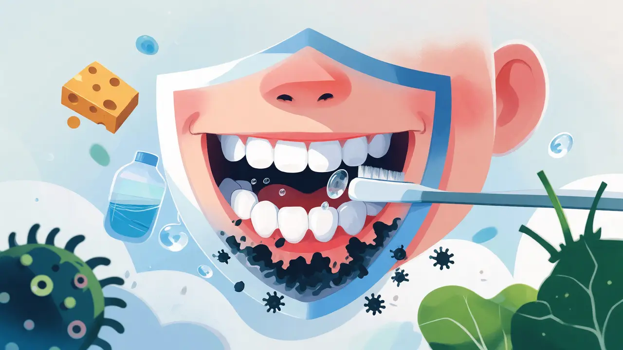 Ilustrace ochrany dětských zubů před bakteriemi a kamenem