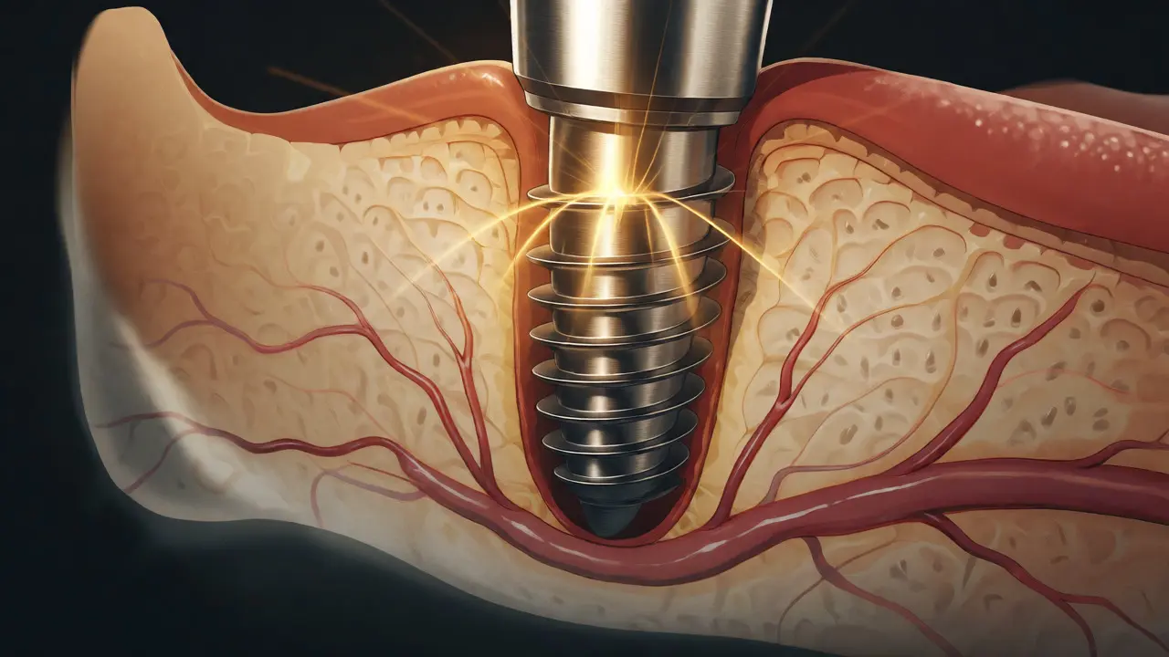 Ilustrace srůstání zubního implantátu s kostní tkání během hojení.