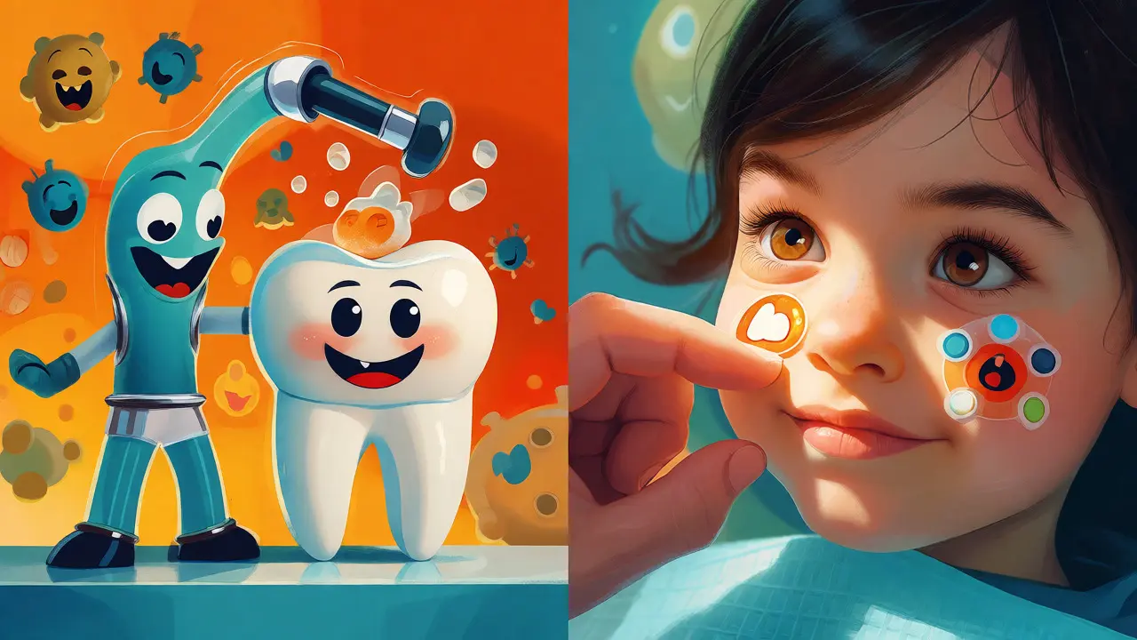 Ilustrace techniky Tell-Show-Do s hravými zoubky a spokojeným dítětem.