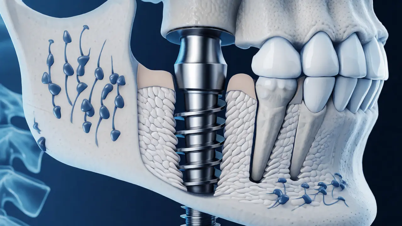 Lékařská ilustrace zubního implantátu srostlého s čelistní kostí
