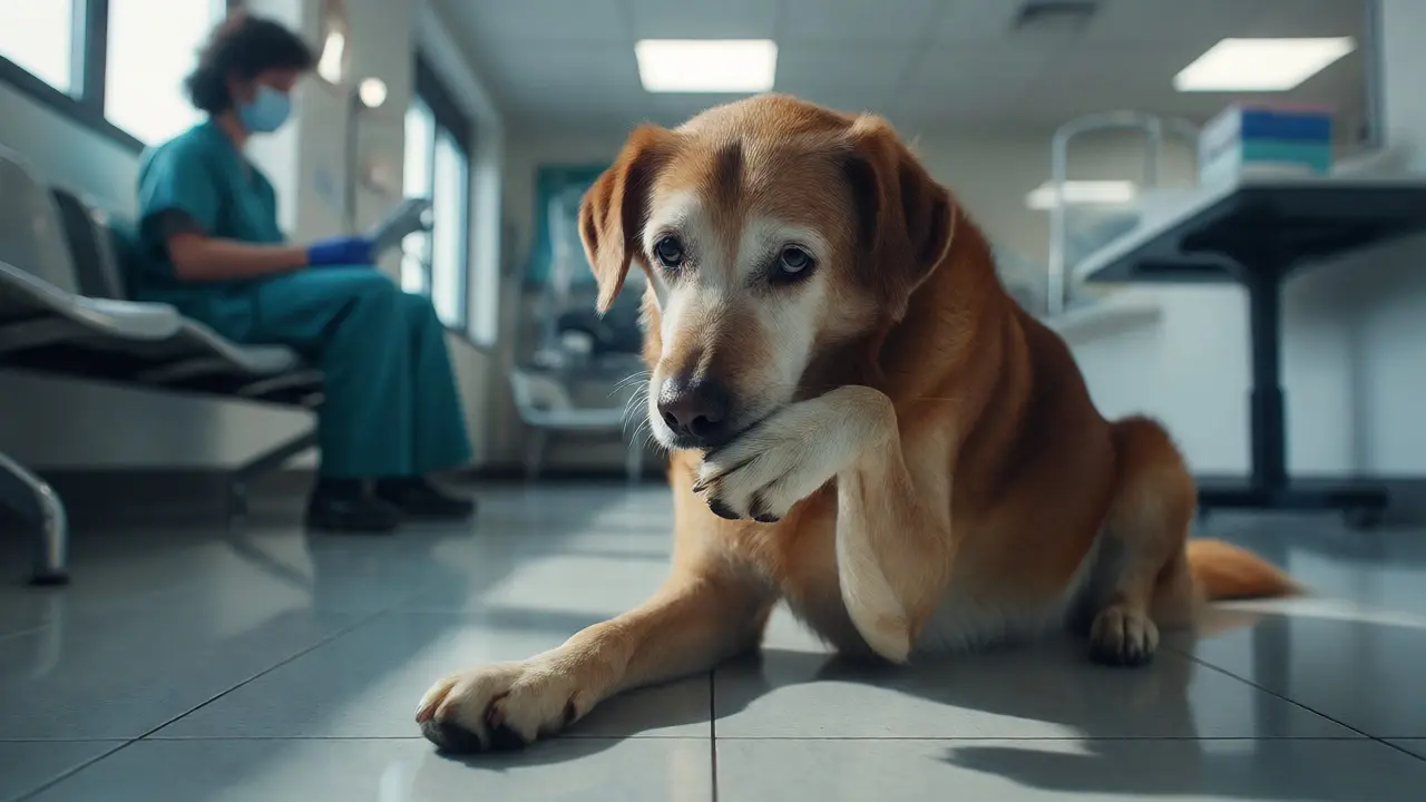 Pes si tlapou drbe čenich v čekárně veterináře jako známka bolesti zubů
