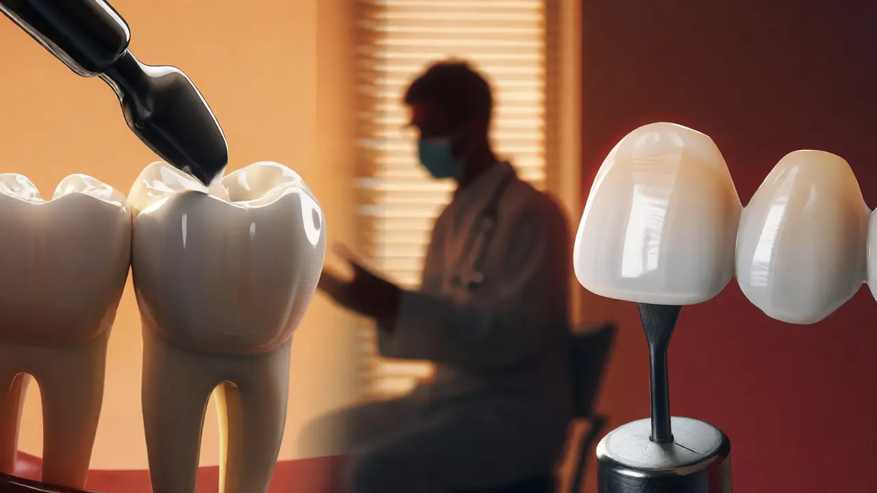Porovnání kompozitní výplně a keramické náplasti pro estetickou opravu zubu.