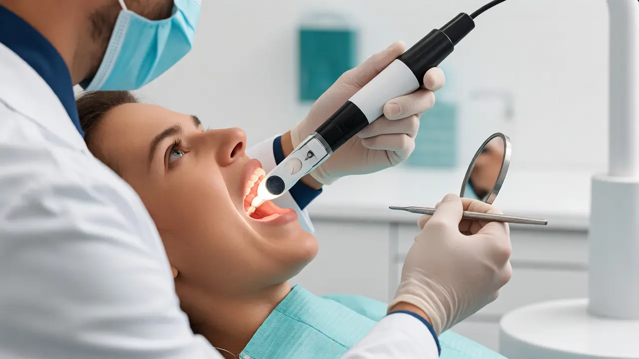 Zubař používá transiluminaci k diagnostice mikroprasklin v ordinaci