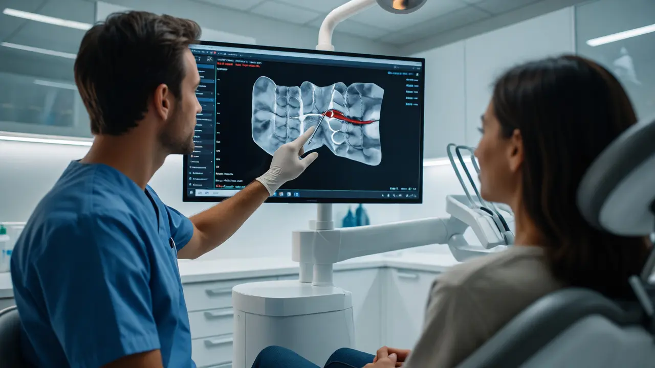 Zubní lékař vysvětluje pacientovi 3D sken čelisti v ordinaci